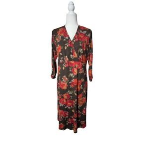 J Jill Brown Floral Print Stretch Rayon Midi Dress Womens Size Medium Fall Wrap‎